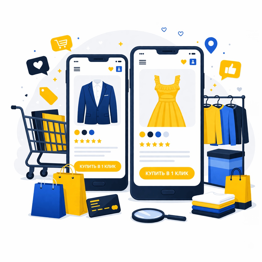 Мобильное приложение магазина одежды с каталогом на экране смартфона